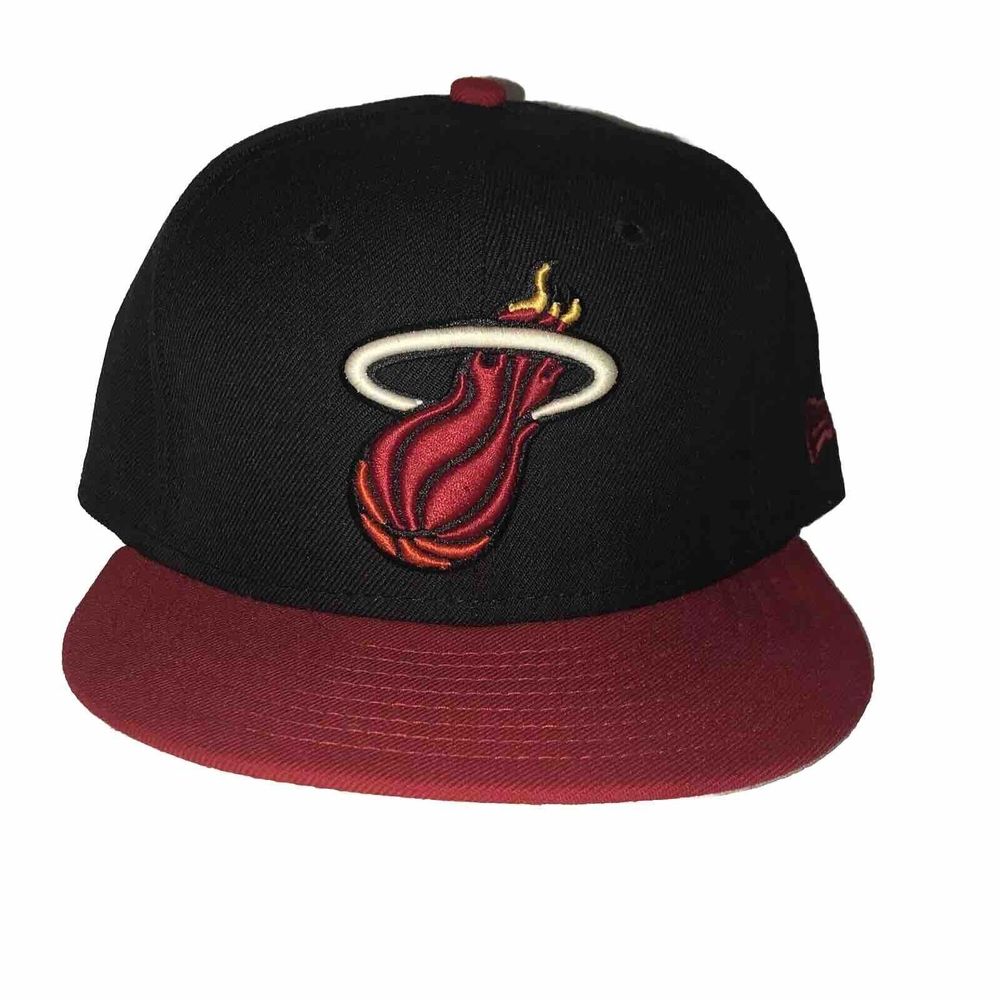 Vintage Miami Heat Hat Cap Retro Fitted Mens 7 1/2 Black Red New Era NBA HWC